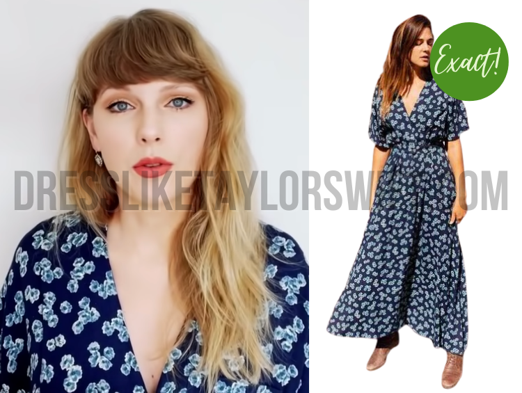 Taylor Swift wears a blue floral dress during a TV interview. A collage of exact items appear next to her image so anyone can dress like Taylor Swift.